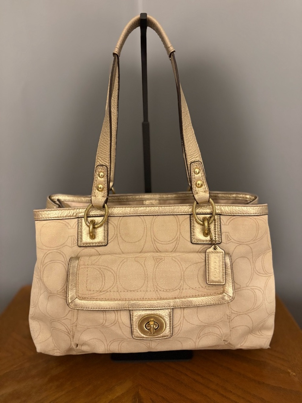 Coach Signature Canvas Tote Bag Metallic Trim Turnlock Pocket Shoulder Bag